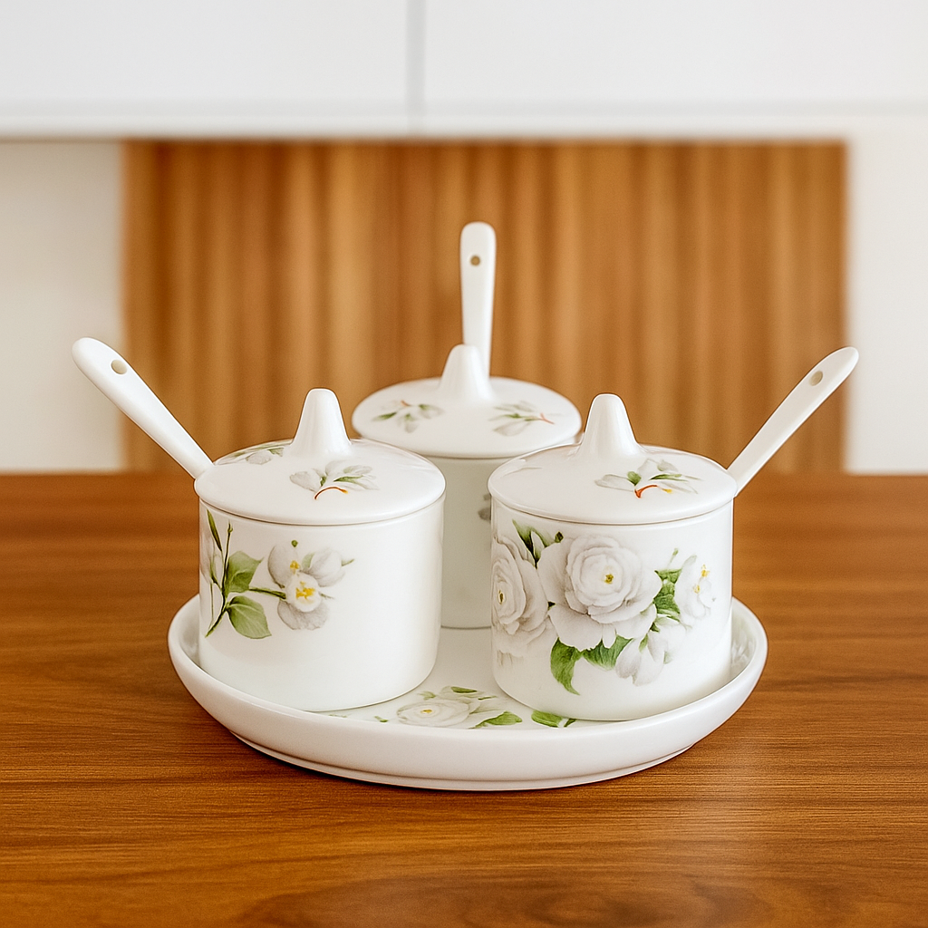 Ivory Bloom – Elegant White Floral Spice Jar Set (Set of 3)