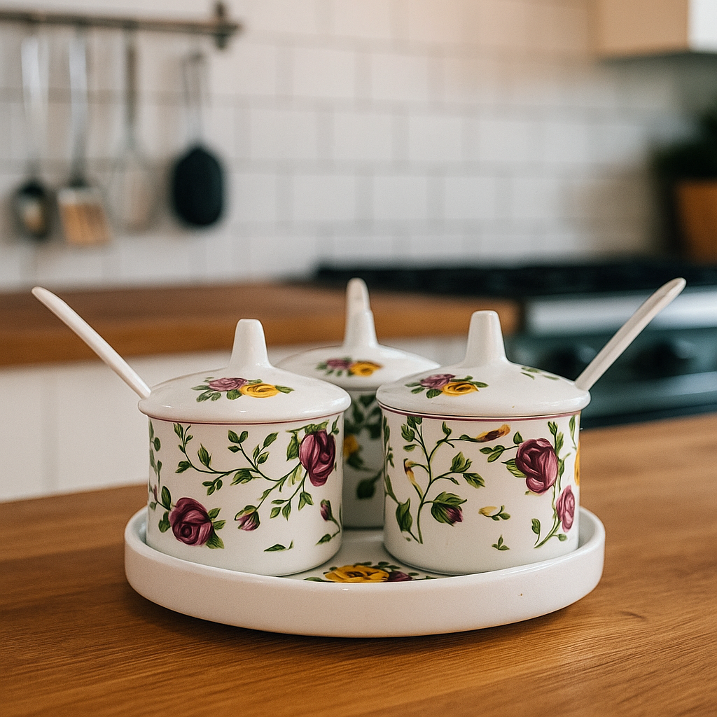 Vintage Bloom – Floral Spice Jar Set with Tray & Spoons (Set of 3)