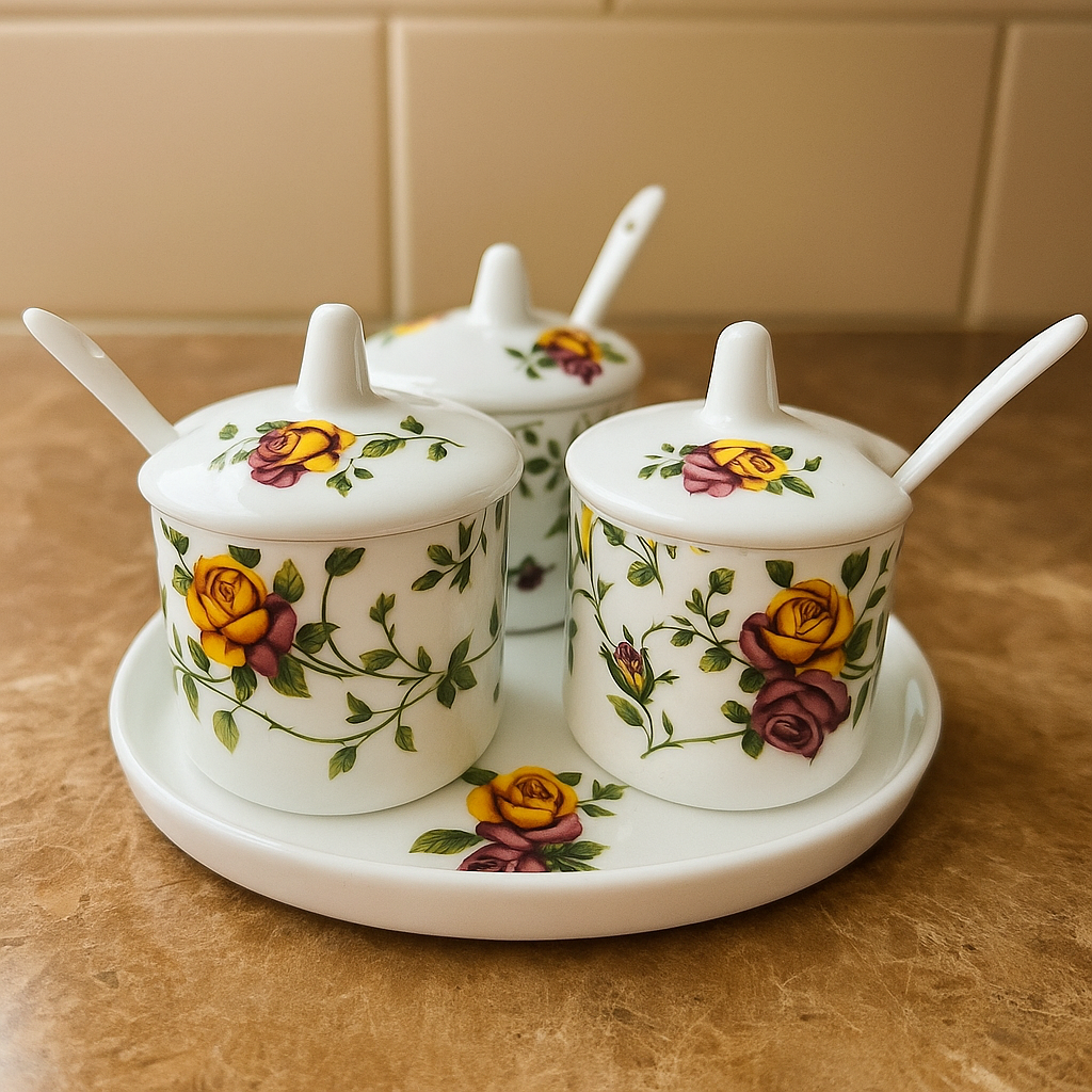 Vintage Bloom – Floral Spice Jar Set with Tray & Spoons (Set of 3)