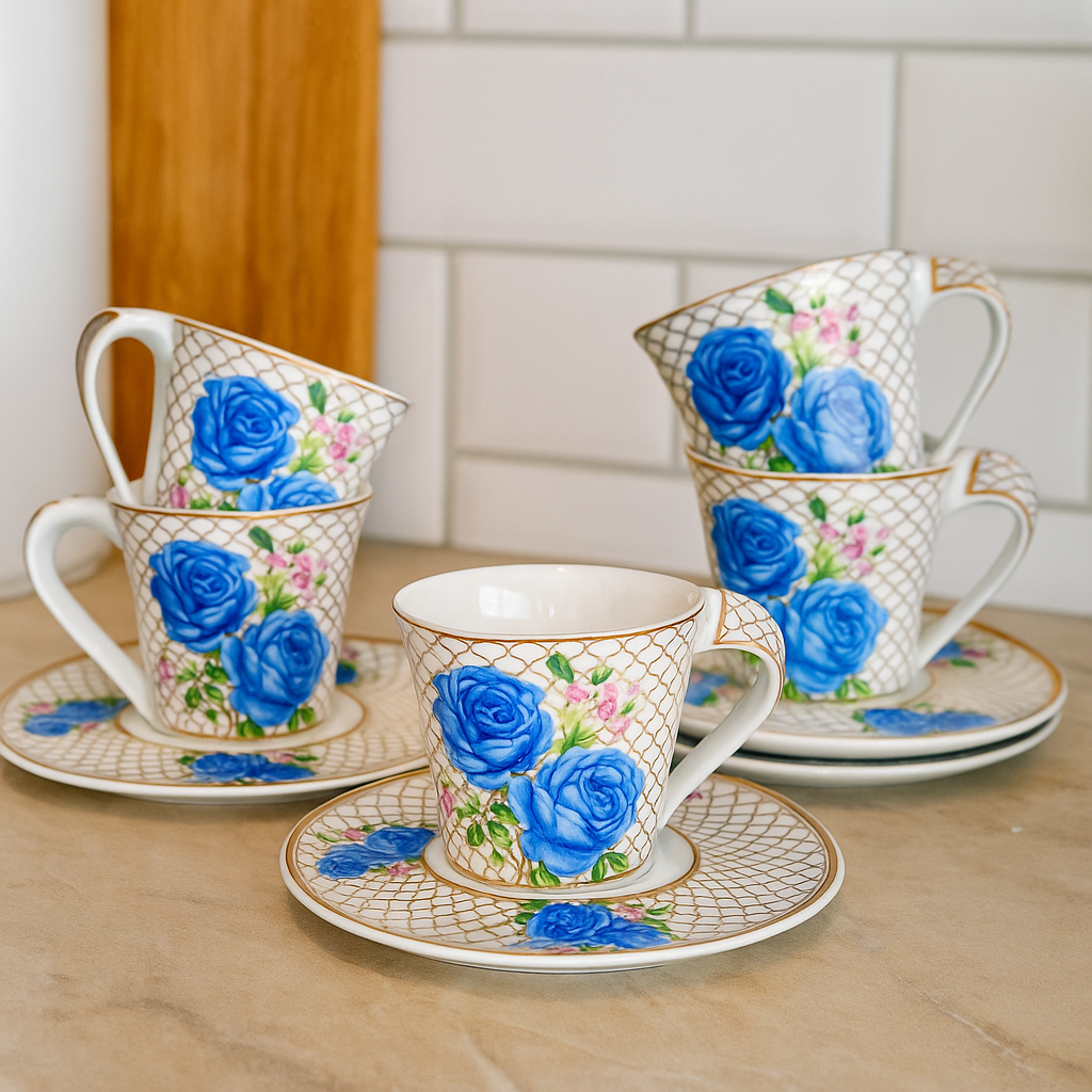 Blue Blossom Royale – Vintage Rose Tea Set (6 pcs)
