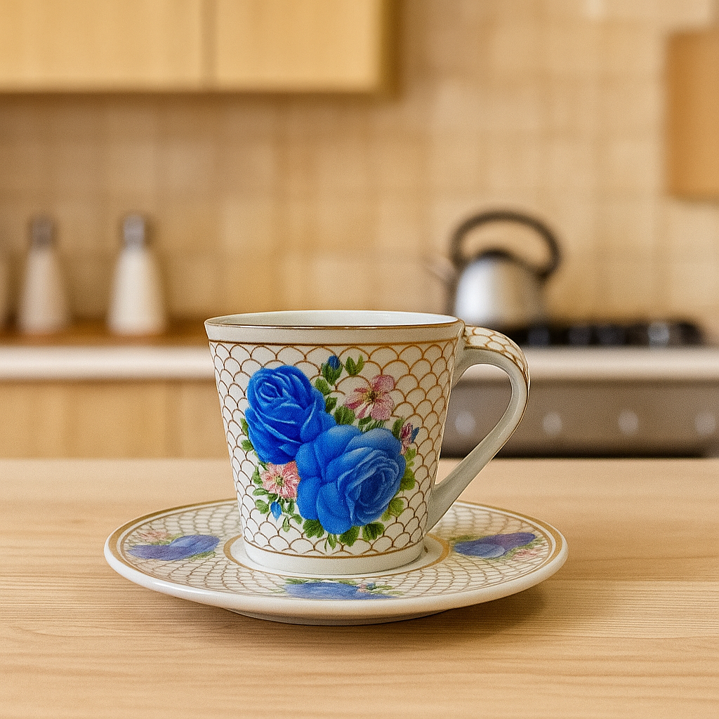 Blue Blossom Royale – Vintage Rose Tea Set (6 pcs)