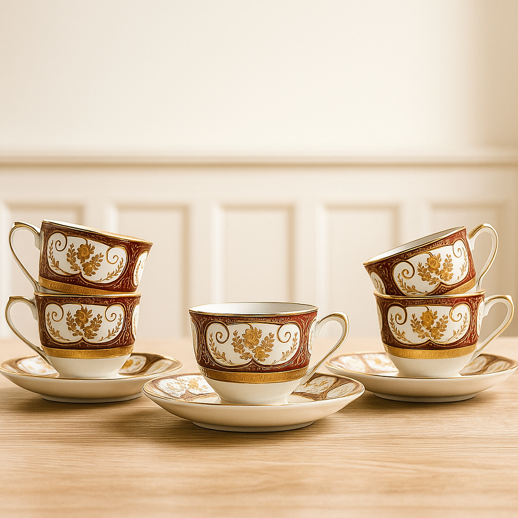 Royal Garnet Gold Tea Set – Set of 6 Cups with Saucers (Vintage Majesty)