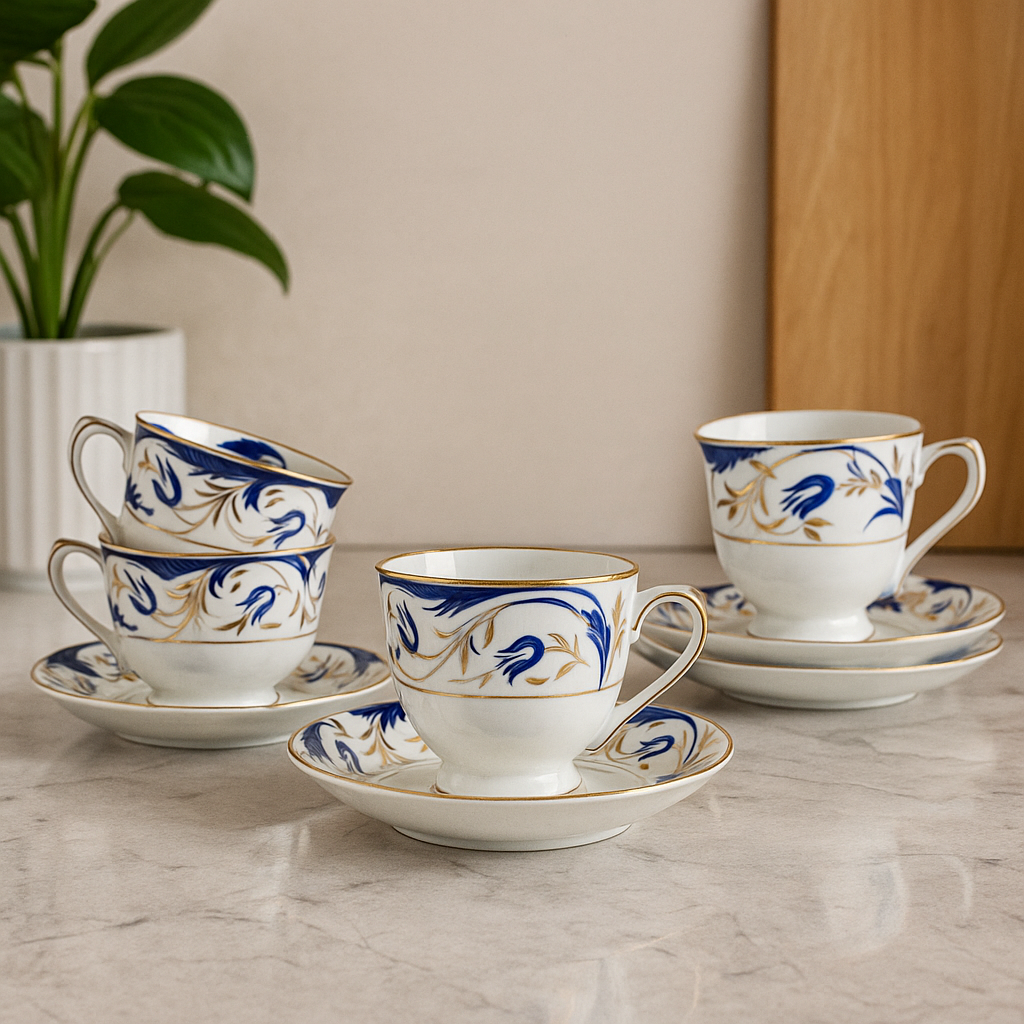 Royal Blue Elegance Tea Cup & Saucer Set – Set of 6