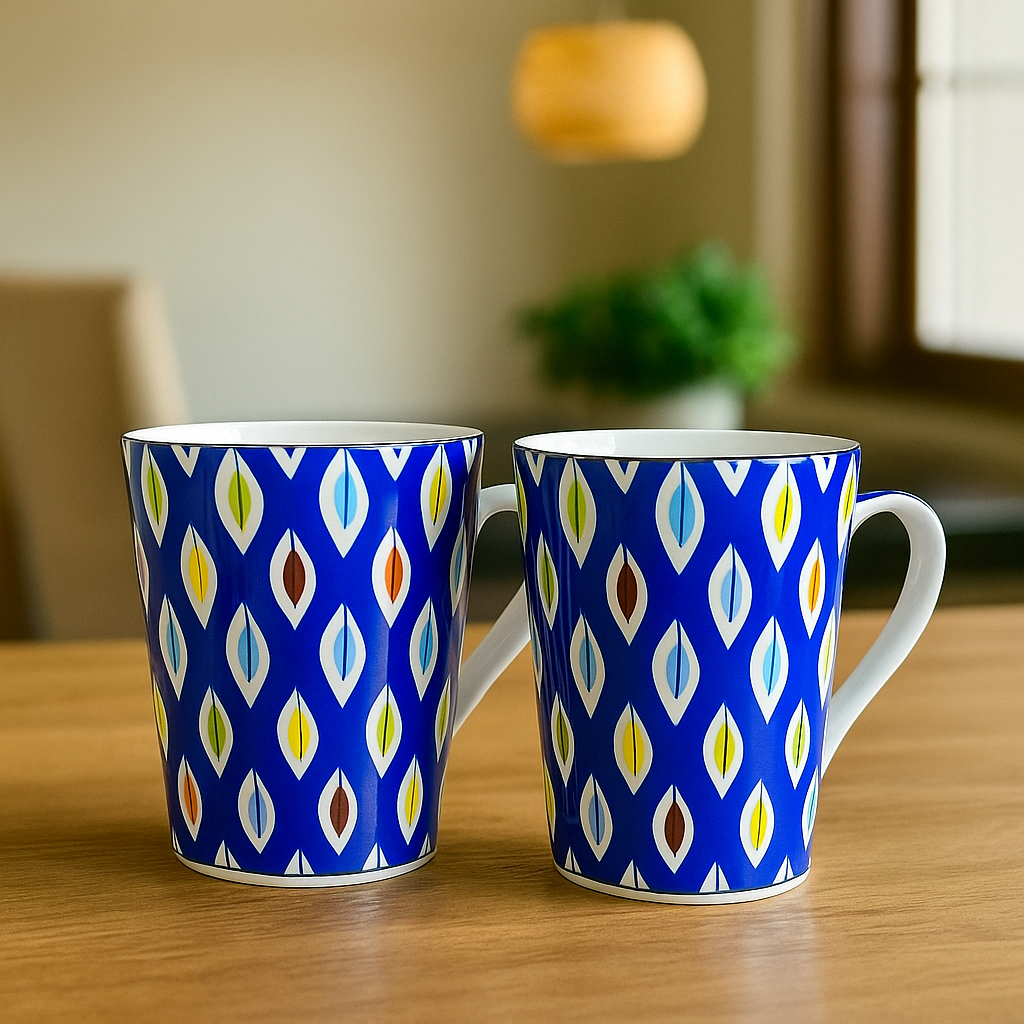 Bold Geometric Print Ceramic Mug Set – Set of 2 (Multicolor on Blue)