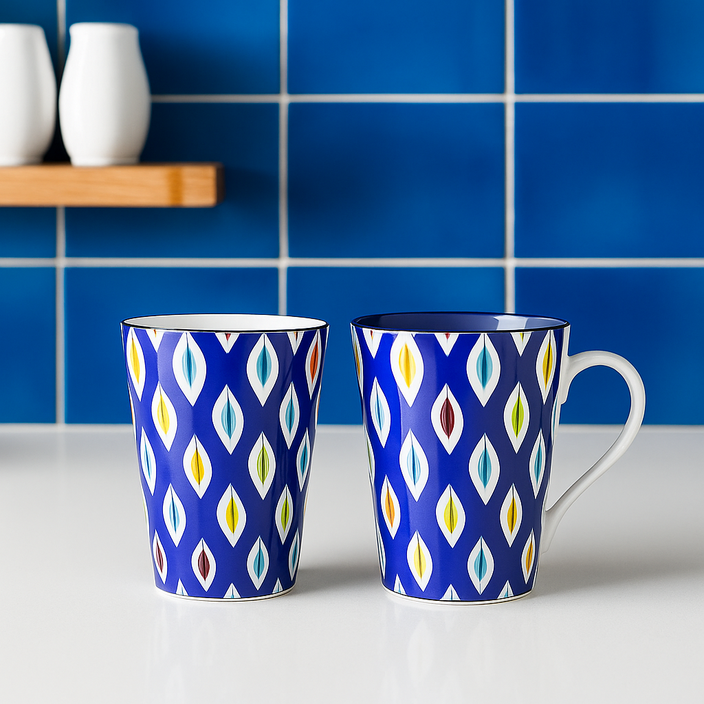 Bold Geometric Print Ceramic Mug Set – Set of 2 (Multicolor on Blue)