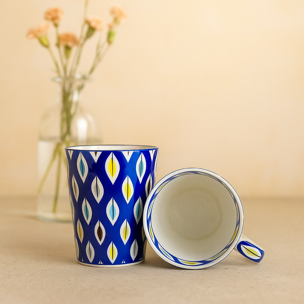 Bold Geometric Print Ceramic Mug Set – Set of 2 (Multicolor on Blue)