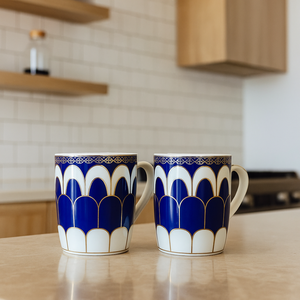 Royal Blue Arch Pattern Ceramic Mug Set – Set of 2 (Gold-Accented)