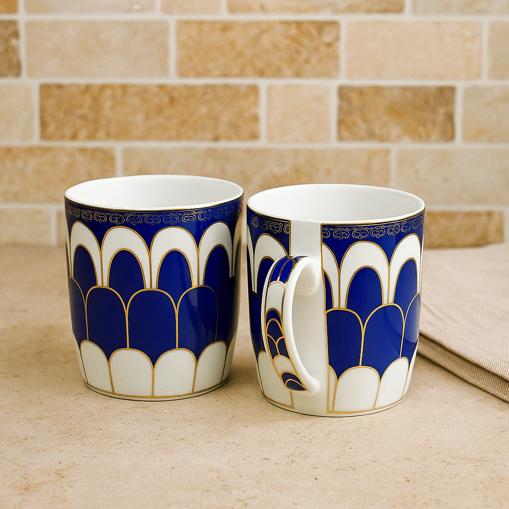Royal Blue Arch Pattern Ceramic Mug Set – Set of 2 (Gold-Accented)
