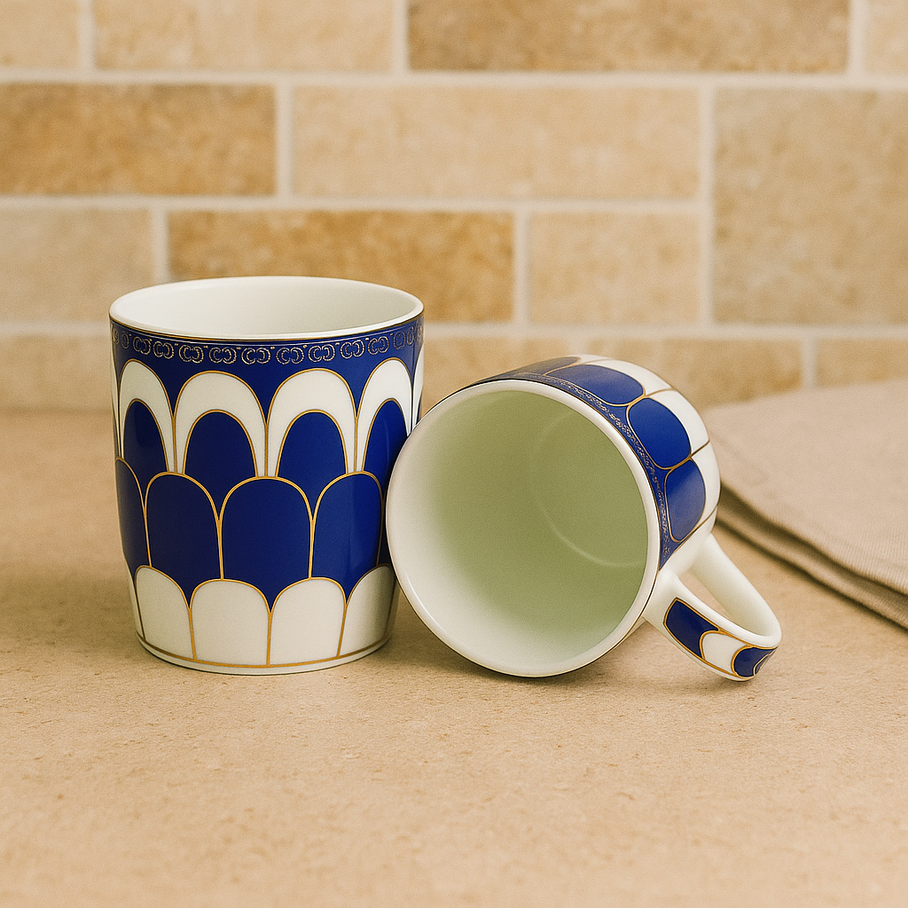 Royal Blue Arch Pattern Ceramic Mug Set – Set of 2 (Gold-Accented)