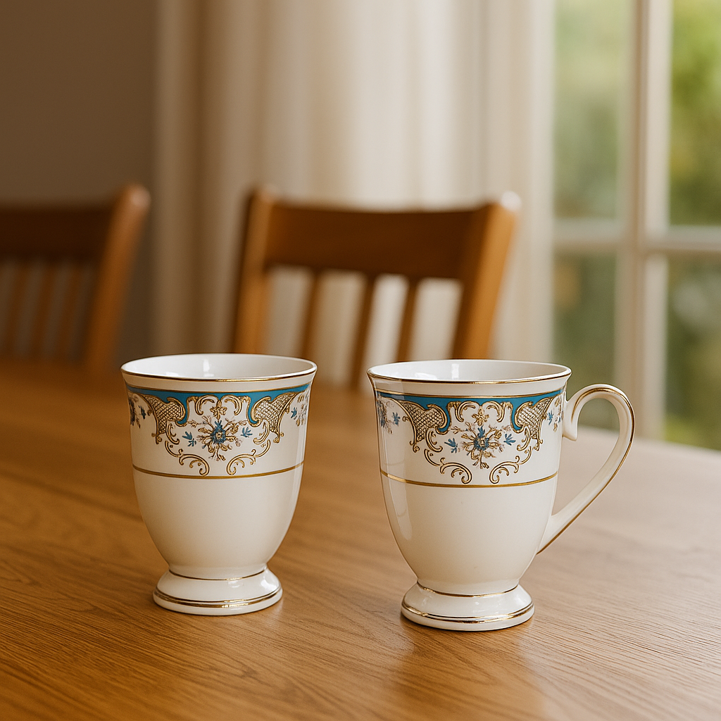 Regal Footed Porcelain Mug Set – Set of 2 (White, Blue & Gold)