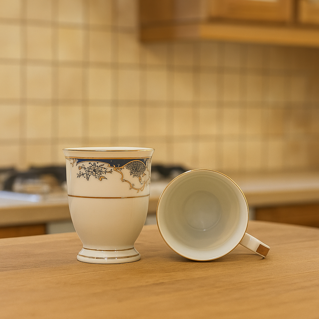 Regal Footed Porcelain Mug Set – Set of 2 (White, Blue & Gold)
