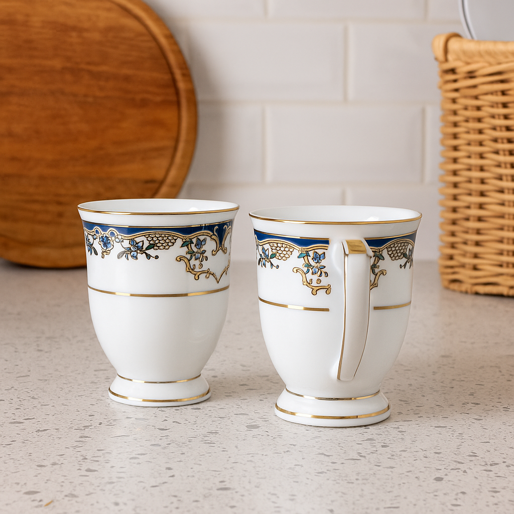 Regal Footed Porcelain Mug Set – Set of 2 (White, Blue & Gold)