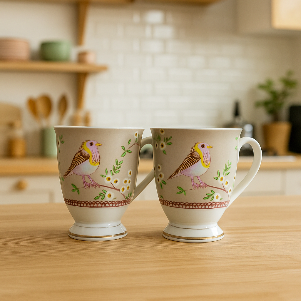Pastel Songbird Footed Ceramic Mug Set – Set of 2