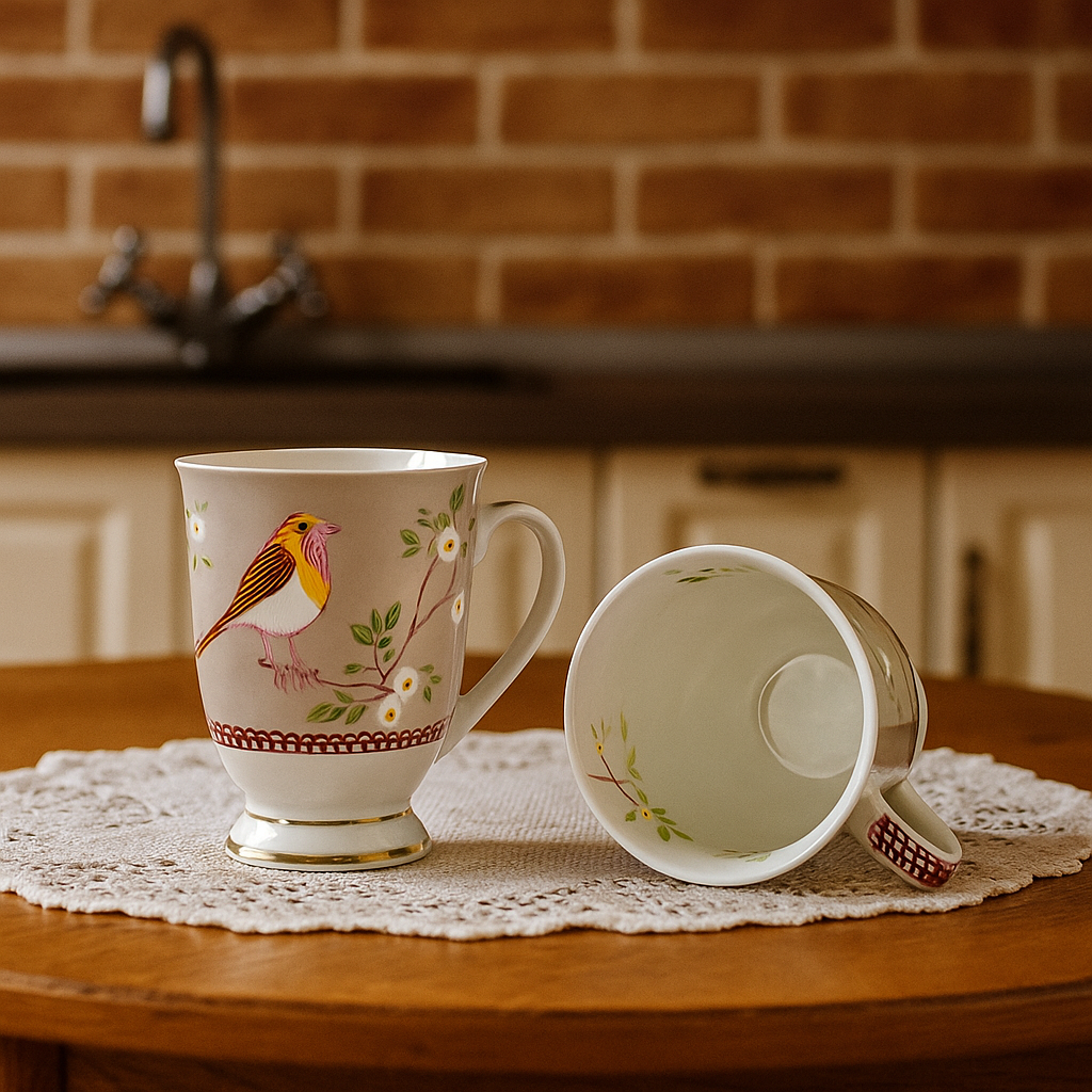 Pastel Songbird Footed Ceramic Mug Set – Set of 2