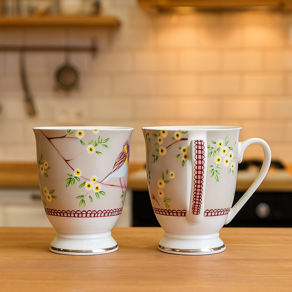 Pastel Songbird Footed Ceramic Mug Set – Set of 2