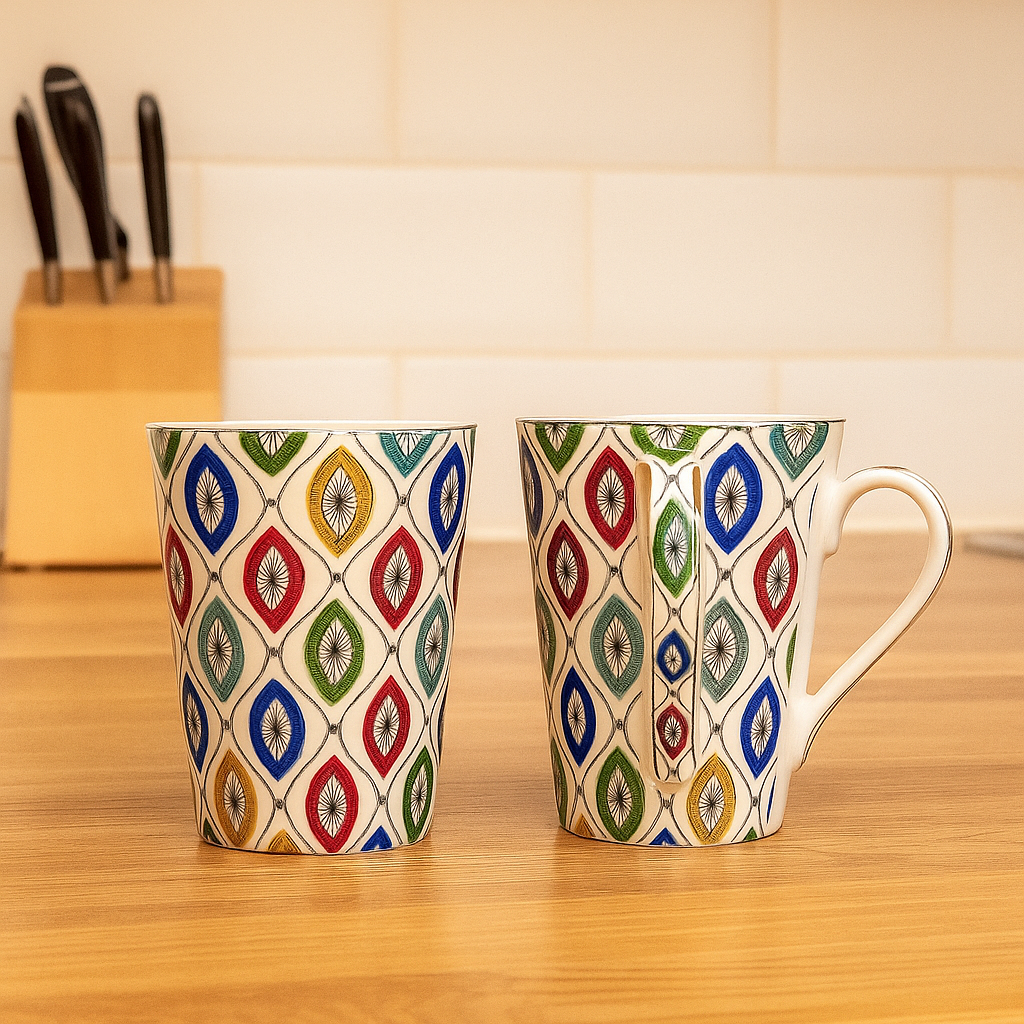 Vibrant Diamond Pattern Ceramic Mug Set – Set of 2 (Multicolor)