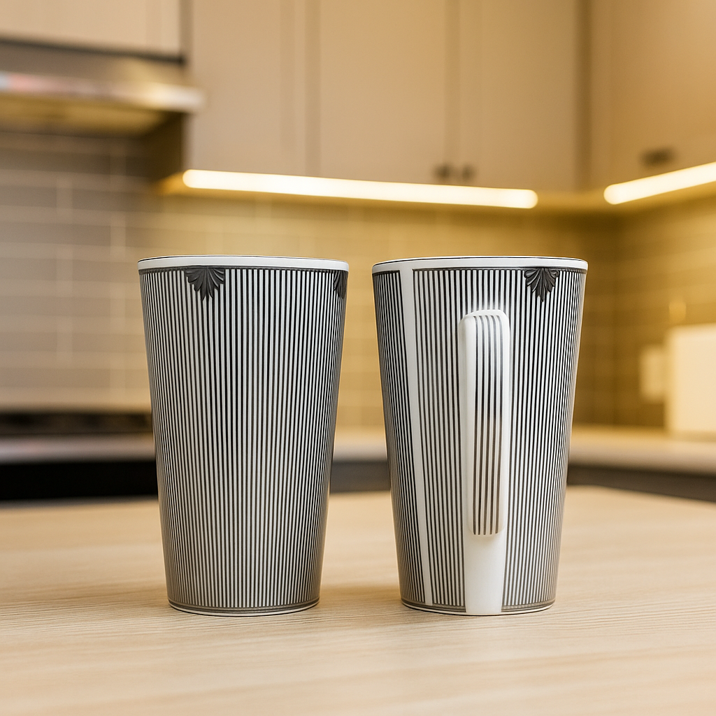 Monochrome Pinstripe Porcelain Mugs – Set of 2 (Modern Minimalist)