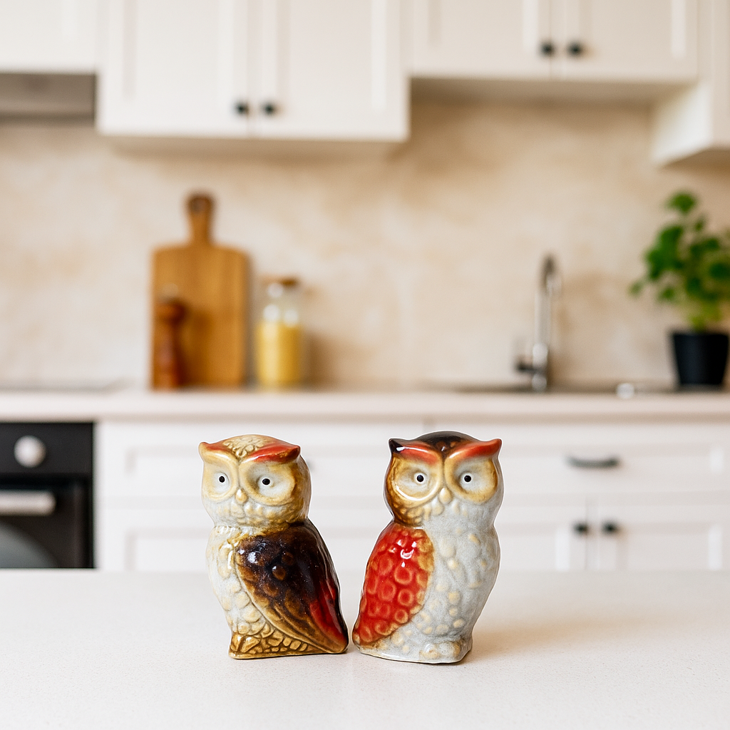 Vintage Ceramic Owl Figurines – Set of 2 in Burnt Orange & Gold