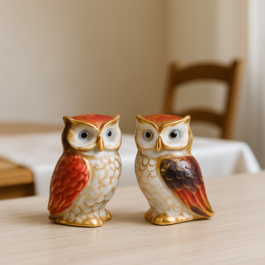 Vintage Ceramic Owl Figurines – Set of 2 in Burnt Orange & Gold