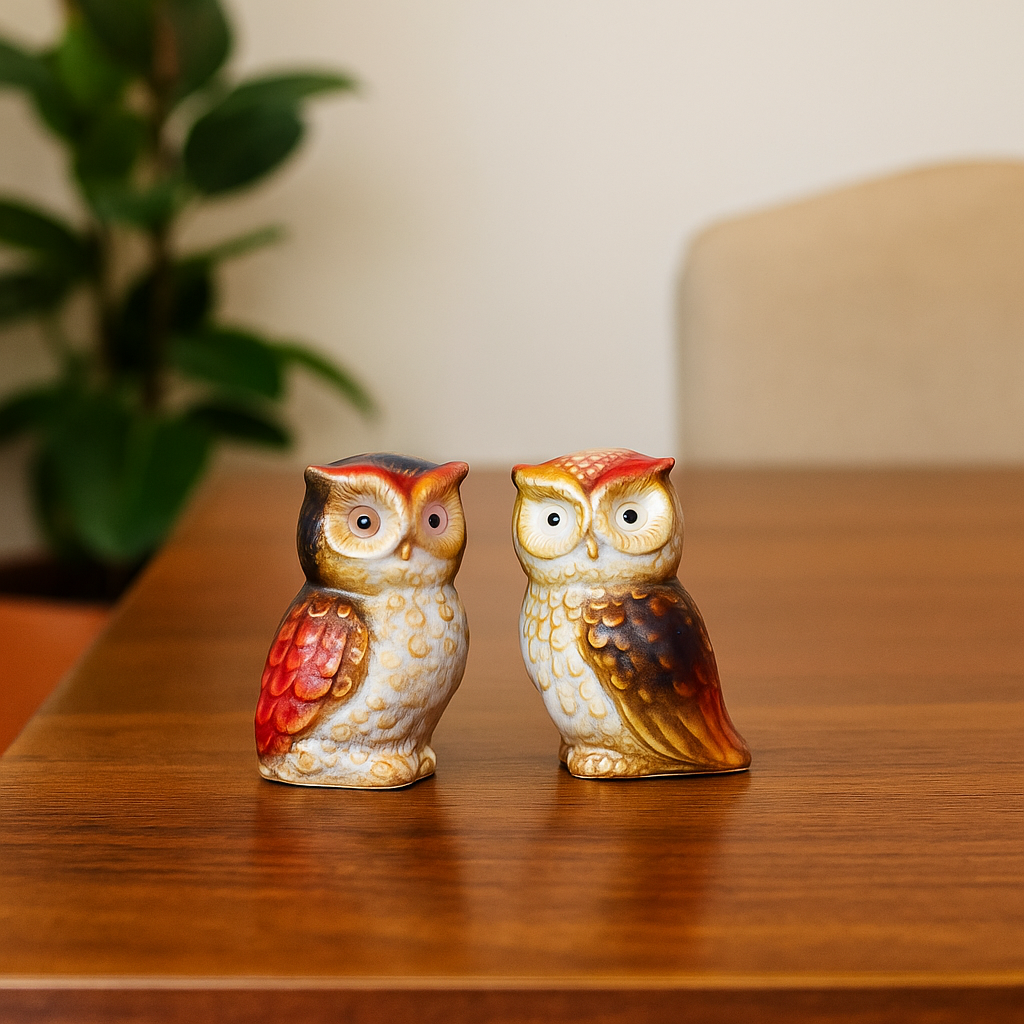 Vintage Ceramic Owl Figurines – Set of 2 in Burnt Orange & Gold