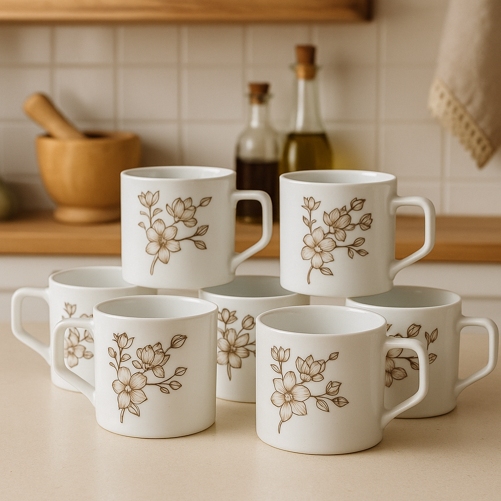Minimalist Floral Ceramic Mug Set – Set of 6 (White & Gold)