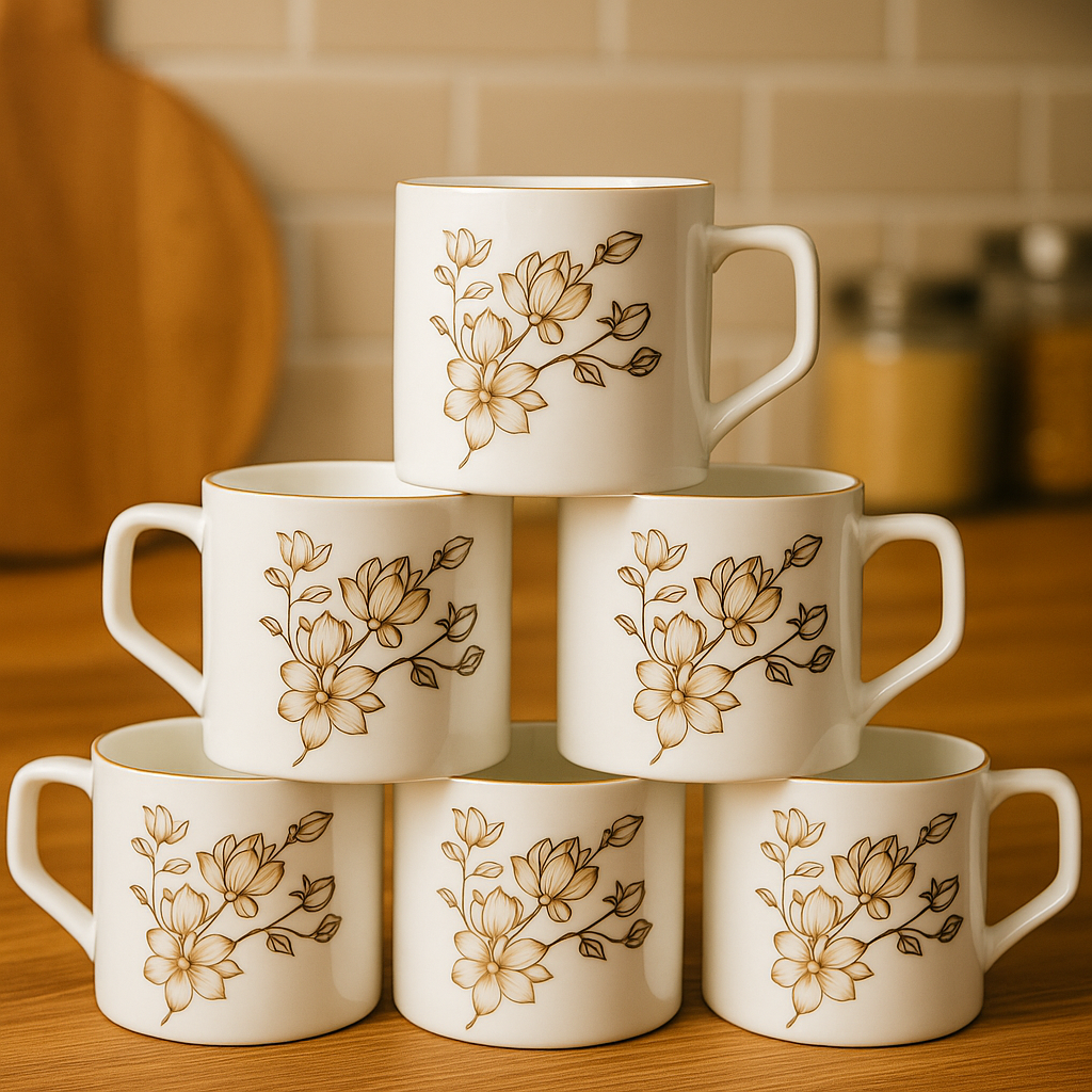 Minimalist Floral Ceramic Mug Set – Set of 6 (White & Gold)