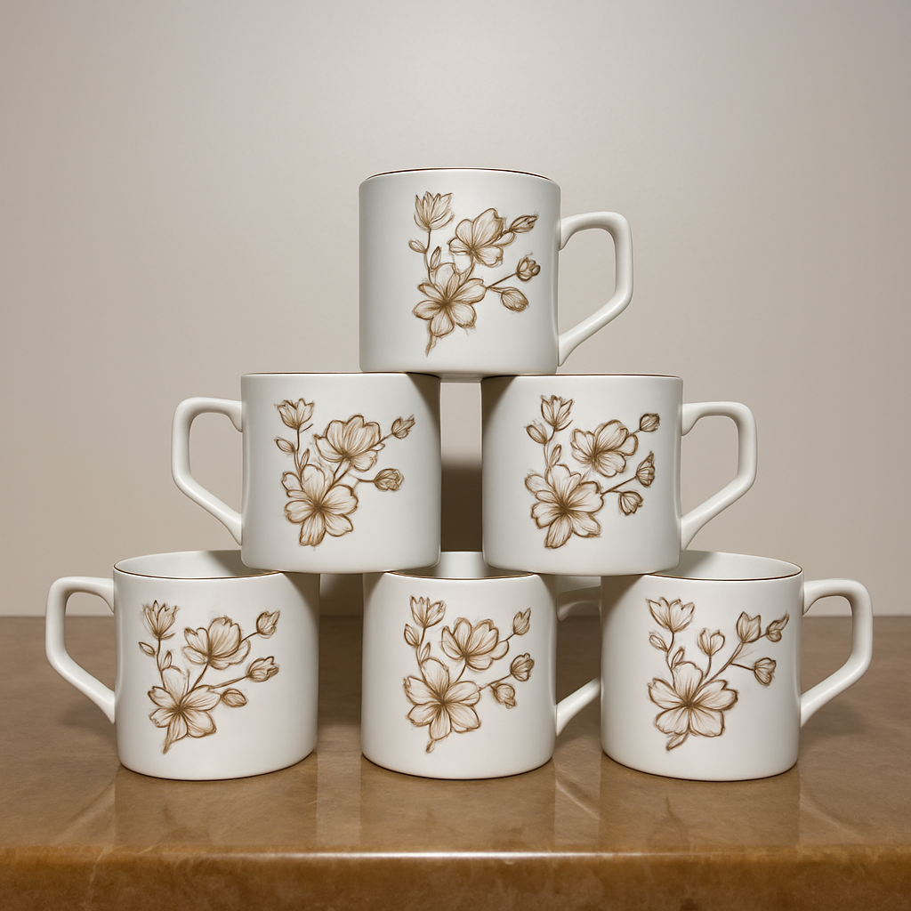 Minimalist Floral Ceramic Mug Set – Set of 6 (White & Gold)