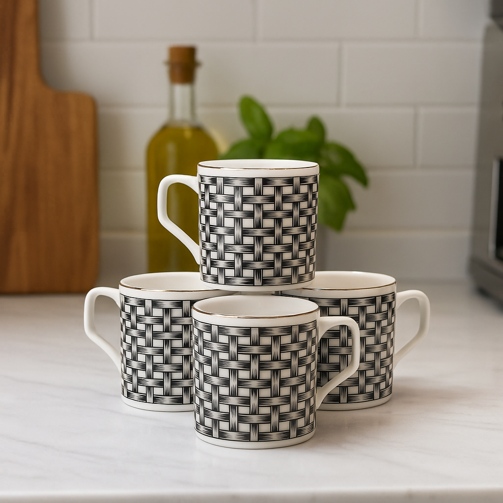 Textured Weave Pattern Ceramic Mug Set – Set of 6 (Monochrome)