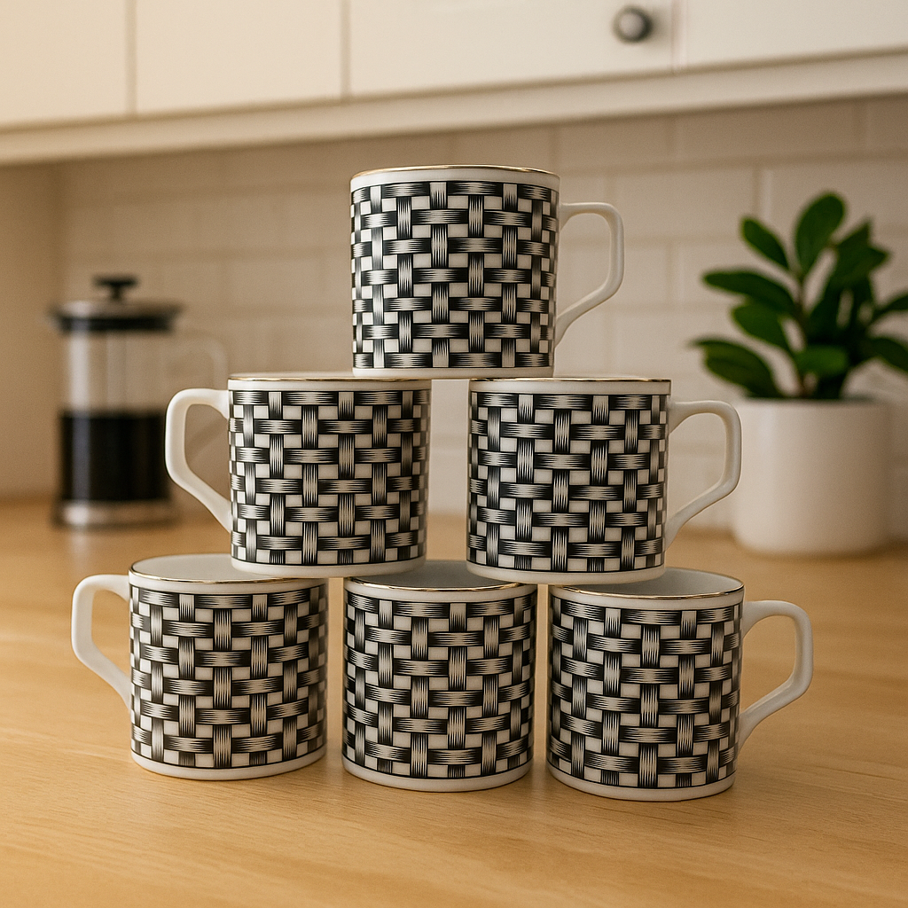 Textured Weave Pattern Ceramic Mug Set – Set of 6 (Monochrome)