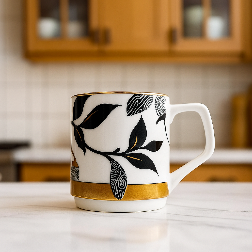 Black & Gold Botanical Ceramic Mug Set – Set of 6