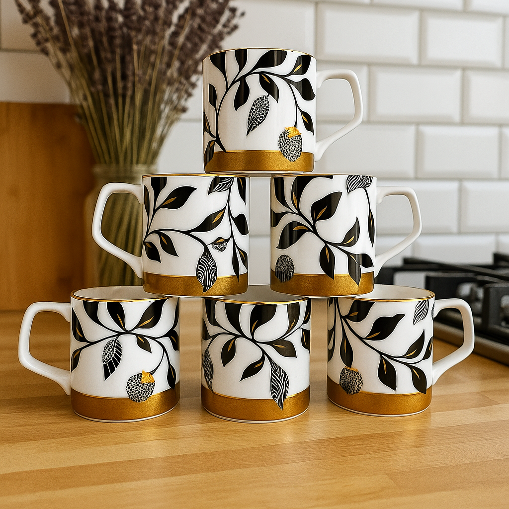 Black & Gold Botanical Ceramic Mug Set – Set of 6