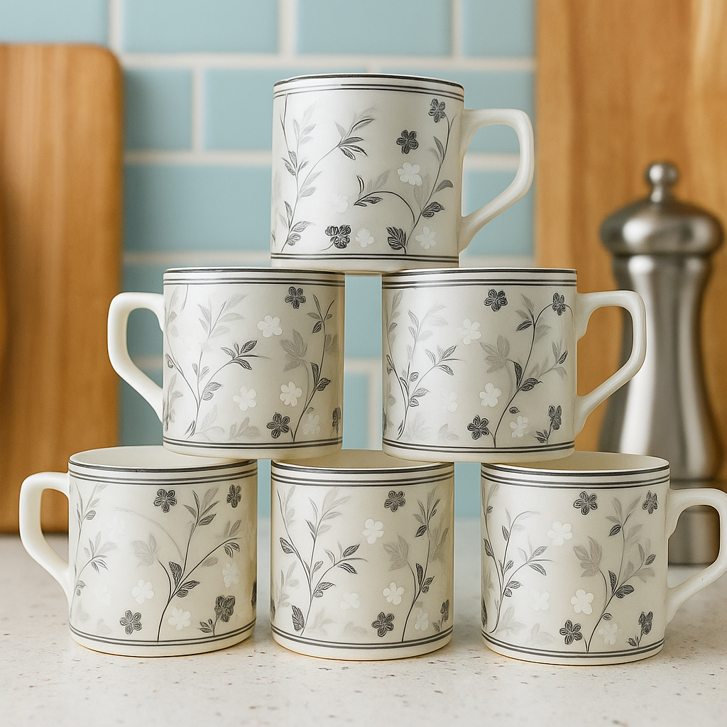 Monochrome Floral Ceramic Mug Set – Set of 6