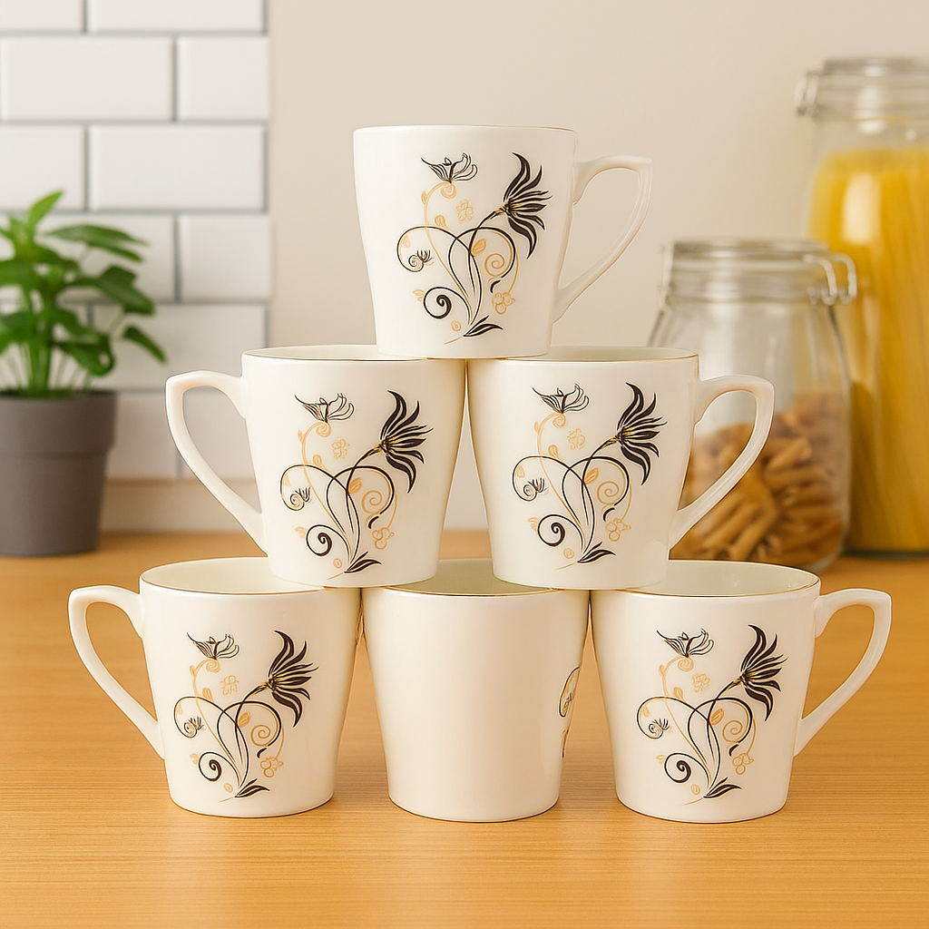 Ivory Floral Swirl Ceramic Mug Set – Set of 6