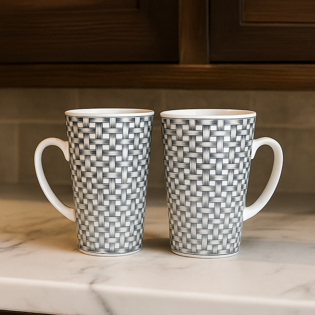 Monochrome Pinstripe Porcelain Mugs – Set of 2 (Modern Minimalist)