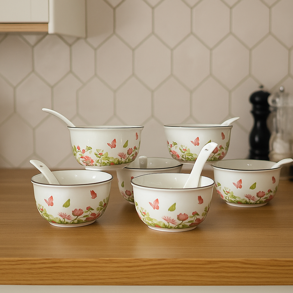 Spring Meadow – Floral Soup Bowl Set with Spoons (Set of 6)