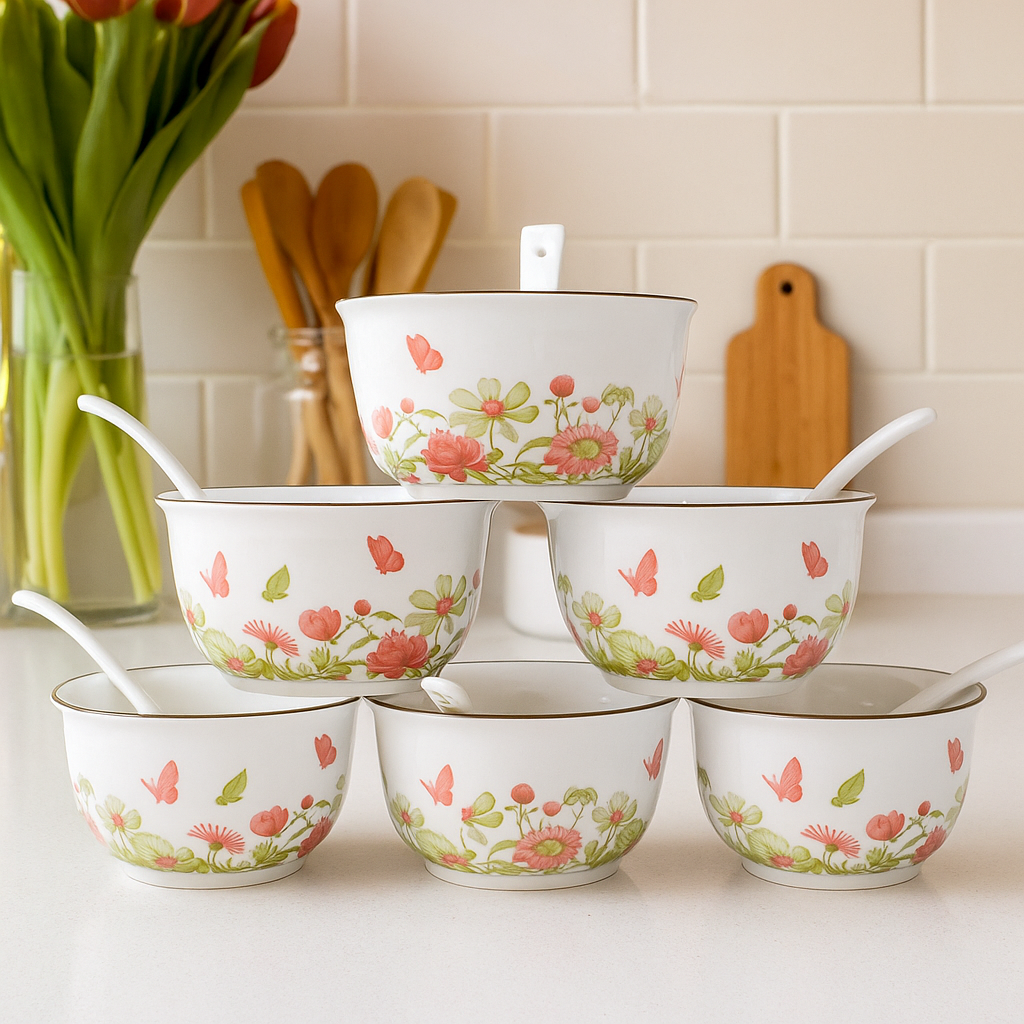 Spring Meadow – Floral Soup Bowl Set with Spoons (Set of 6)