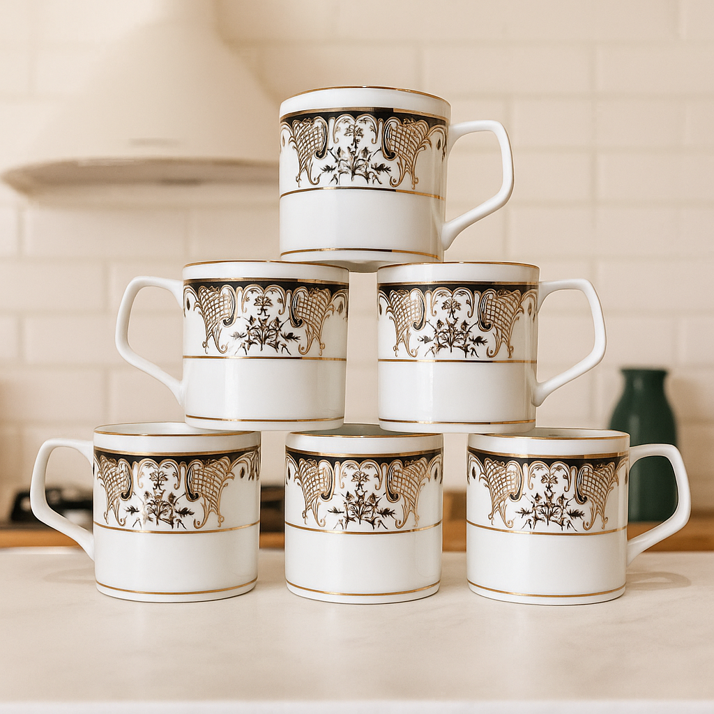 Vintage White & Gold Royal Mug Set – Set of 6