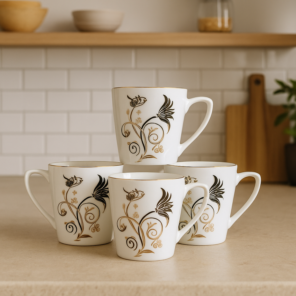 Ivory Floral Swirl Ceramic Mug Set – Set of 6