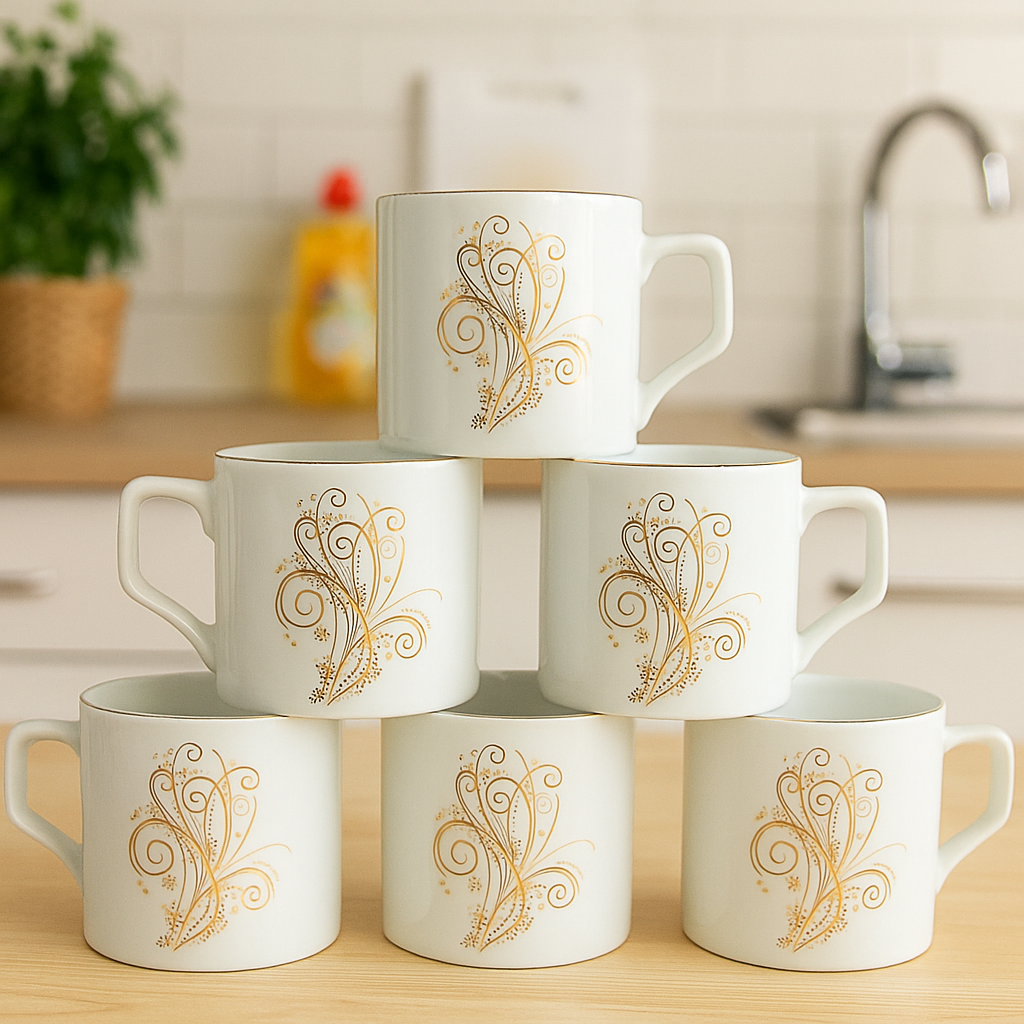 Elegant Swirl Motif Ceramic Mug Set – Set of 6 (White & Gold)