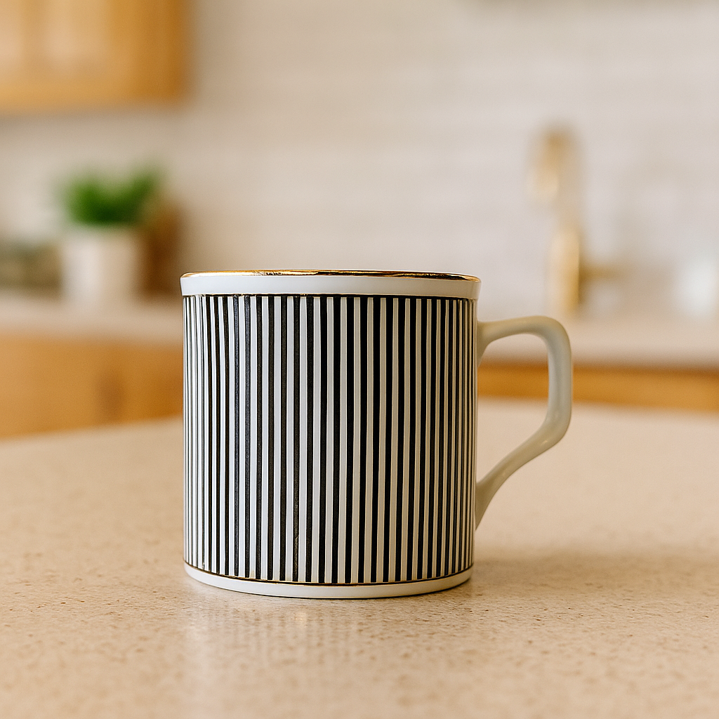 Classic Vertical Stripe Ceramic Mug Set – Set of 6 (Black & White)