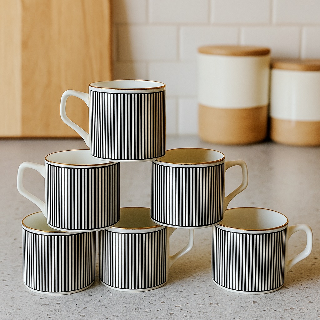 Classic Vertical Stripe Ceramic Mug Set – Set of 6 (Black & White)