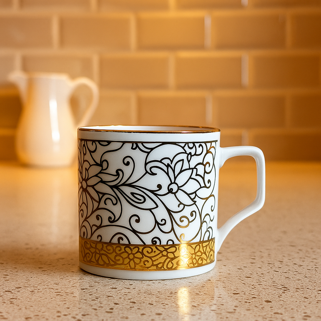 Luxury Floral Scroll Ceramic Mug Set – Set of 6 (Gold & Ivory)