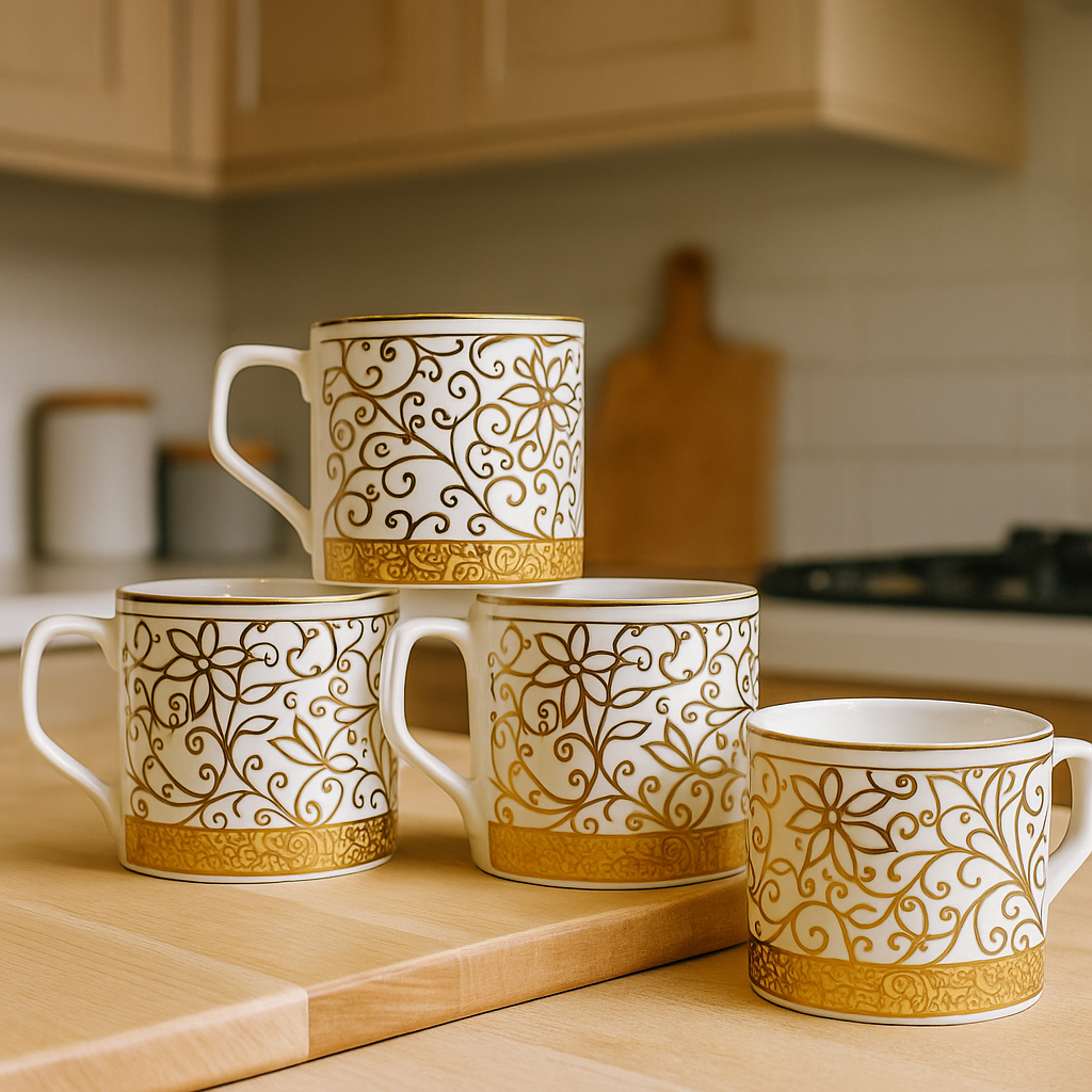 Luxury Floral Scroll Ceramic Mug Set – Set of 6 (Gold & Ivory)