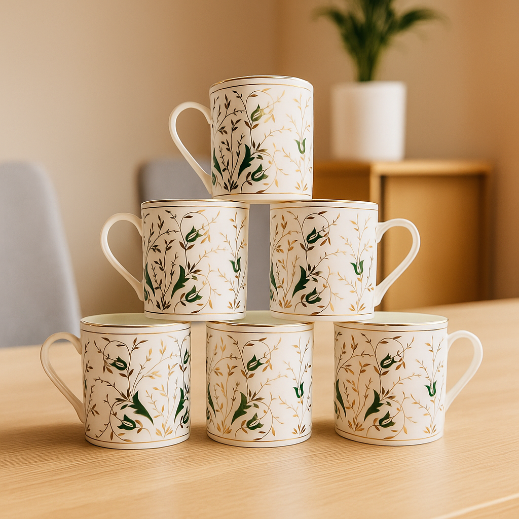 Vintage Green Leaf Ceramic Mugs – Set of 6 (White & Gold Accents)