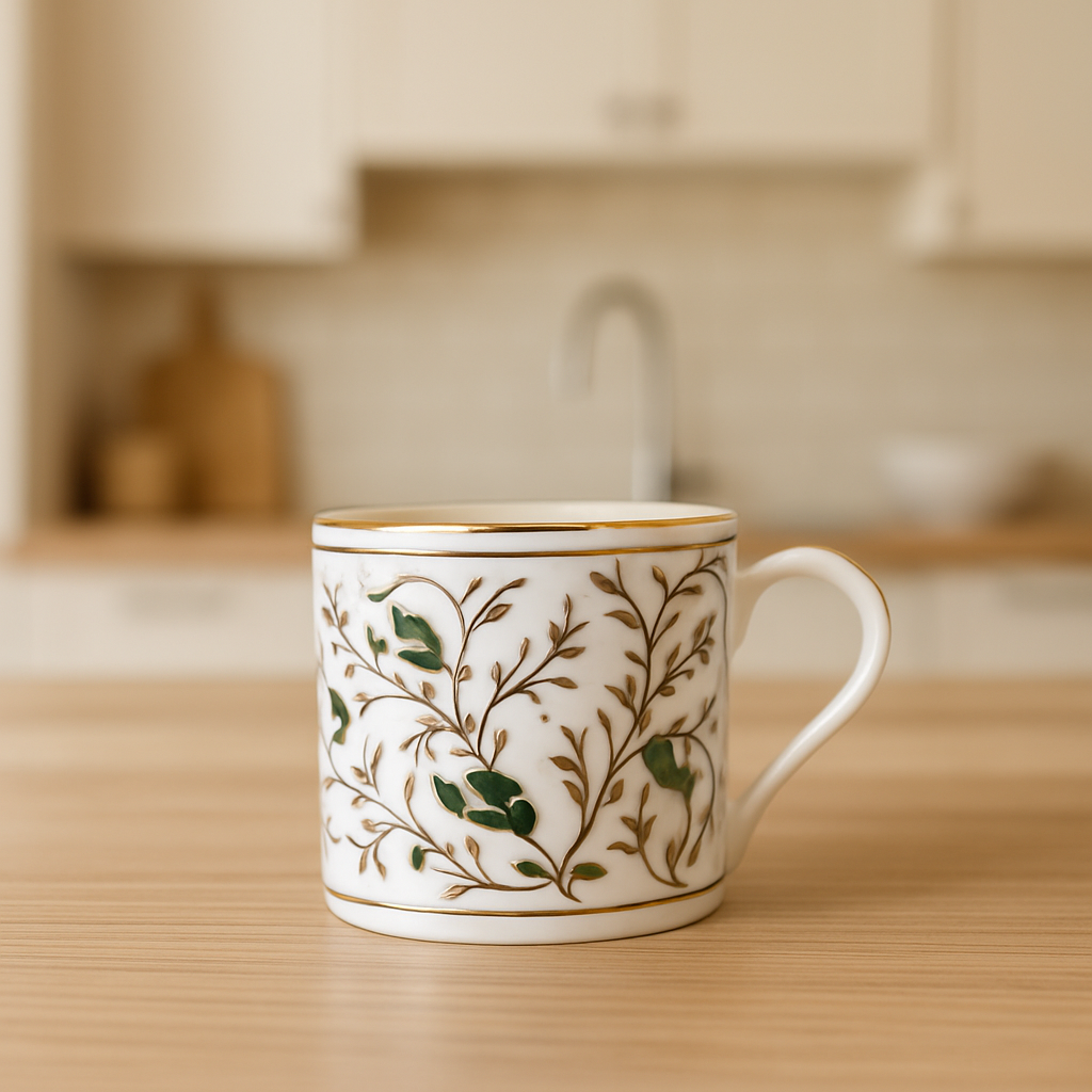 Vintage Green Leaf Ceramic Mugs – Set of 6 (White & Gold Accents)