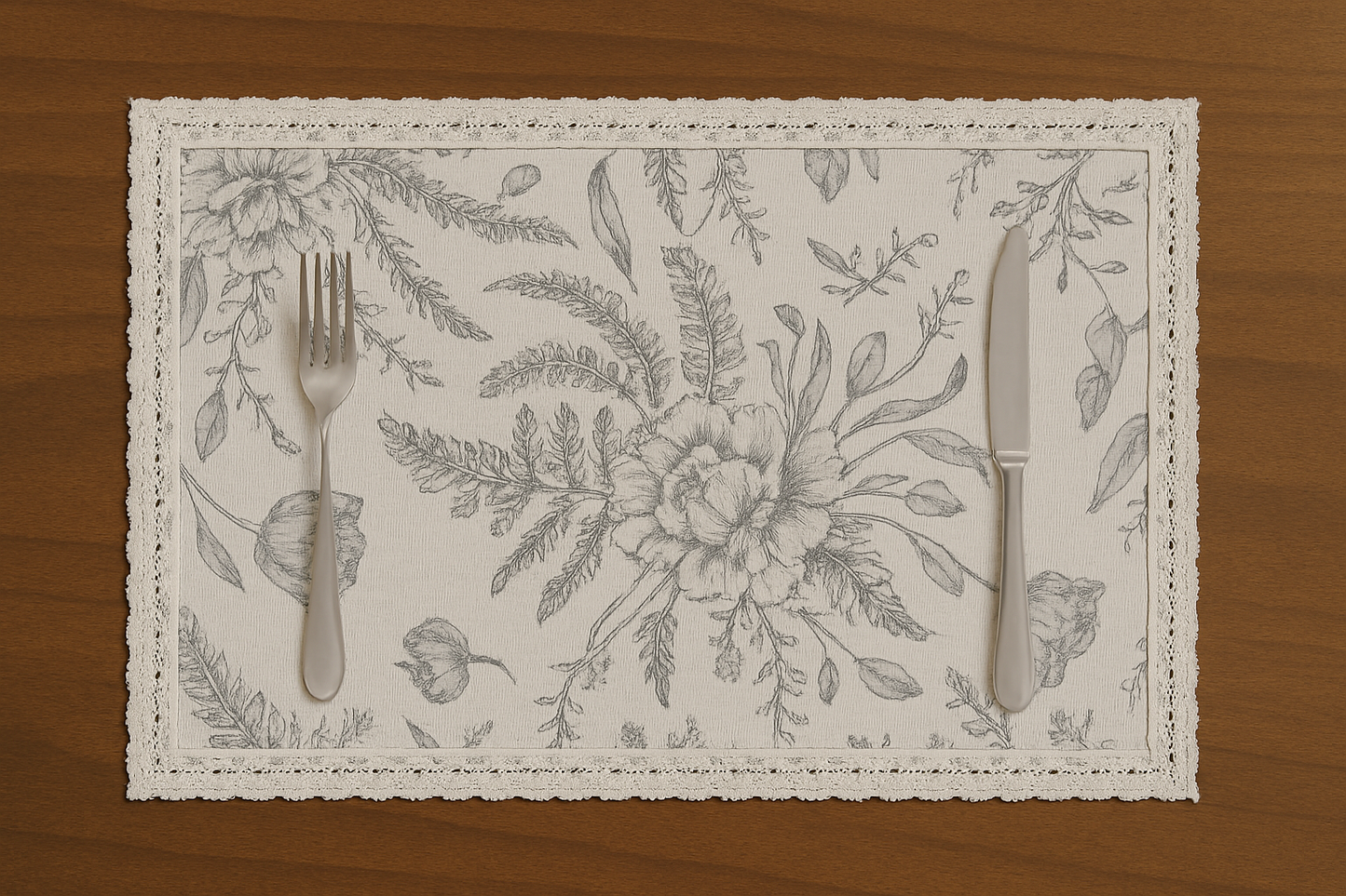 White and Grey Floral Table mat with White Crochet Lace