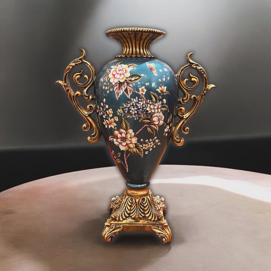 Floral Vase with Ornate Gold Handles - Decorative Vase
