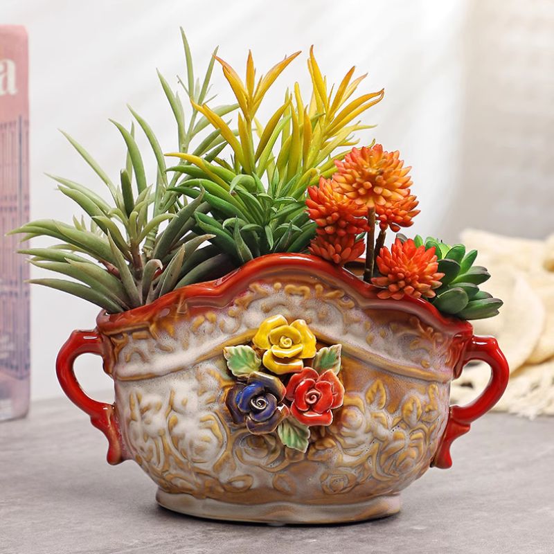 Ceramic Floral Vase with Multicolor Rose Accents