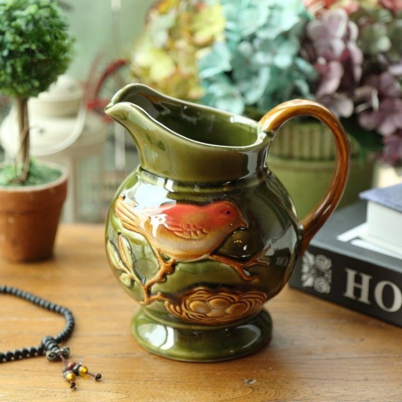 Ceramic Vase with Bird & Nest Motif – Vintage Green