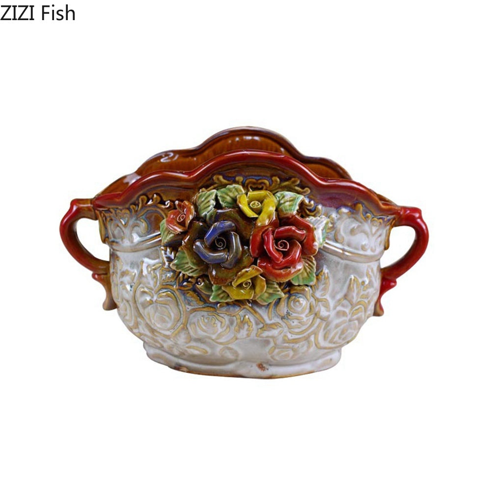 Ceramic Floral Vase with Multicolor Rose Accents